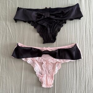 2 x Victoria's Secret Luxe Satin Bow Black & Pink Lace Panties Thongs